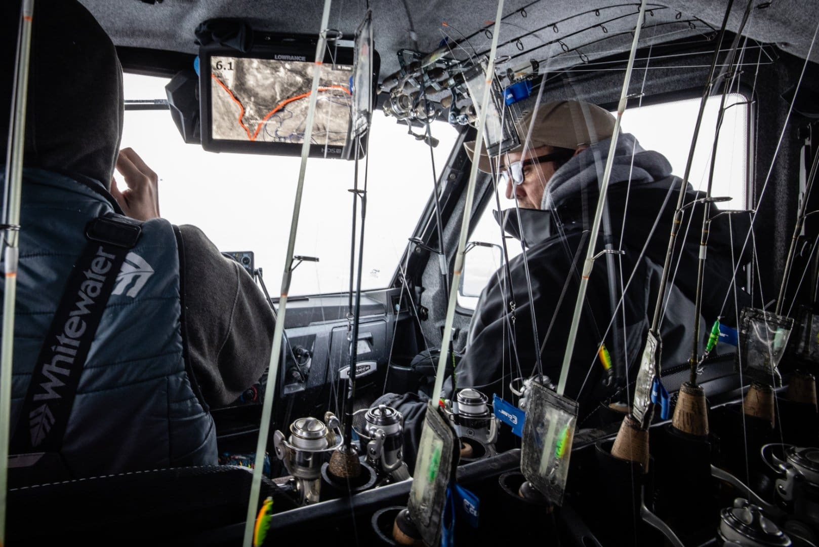 riding in ice fishing truck